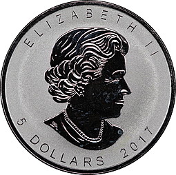 Монета 5 долларов 2017 Кленовый лист Отметка панда Канада