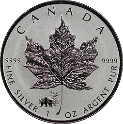 Монета 5 долларов 2017 Кленовый лист Отметка панда Канада