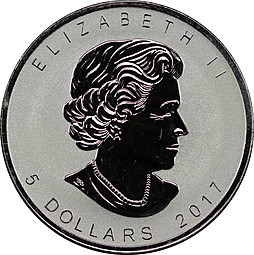 Монета 5 долларов 2017 Кленовый лист Отметка петух Канада