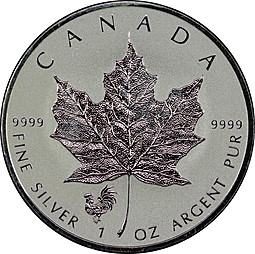 Монета 5 долларов 2017 Кленовый лист Отметка петух Канада