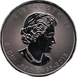 Монета 5 долларов 2018 30 лет серии Кленовый лист Канада