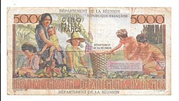 Банкнота 5000 франков 1947 надпечатка 100 новых франков 1971 Франция Реюньон