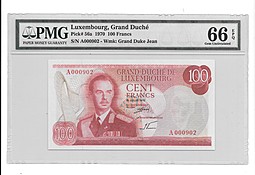 Банкнота 100 франков 1970 слаб PMG 66 Люксембург
