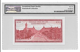 Банкнота 100 франков 1970 слаб PMG 66 Люксембург
