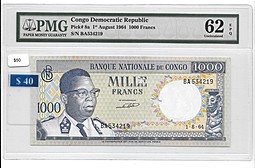 Банкнота 1000 франков 1964 гашение слаб PMG 62 Конго