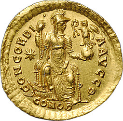 Монета Солид 408-420 Феодосий II (402-450) Константинополь Византия