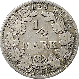 Монета 1/2 марки 1906 A Германия