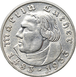 Монета 2 рейхсмарки (марки) 1933 A Мартин Лютер Третий Рейх Германия