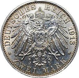 Монета 2 марки 1913 25 лет правления Вильгельма Пруссия Германия
