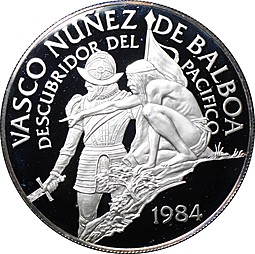 Монета 20 бальбоа 1984 Васко Нуньес де Бальбоа первооткрыватель Панама (в футляре)