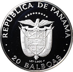 Монета 20 бальбоа 1984 Васко Нуньес де Бальбоа первооткрыватель Панама (в футляре)