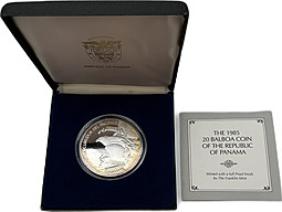 Монета 20 бальбоа 1985 Первооткрыватель Тихого океана Панама (в футляре)