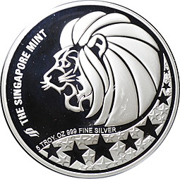 Монета 5 унций серебра Город - Лев Сингапур