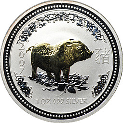Монета 1 доллар 2007 Год свиньи, позолота Лунар Австралия