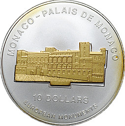 Монета 10 долларов 2004 Европейские памятники - дворец Монако Науру