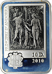 Монета 10 динеров 2010 Художники мира - Альбрехт Дюрер Андорра