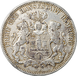 Монета 3 марки 1909 Гамбург Германская империя
