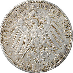 Монета 3 марки 1909 Гамбург Германская империя