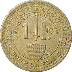 Монета 1 франк 1924 Монако