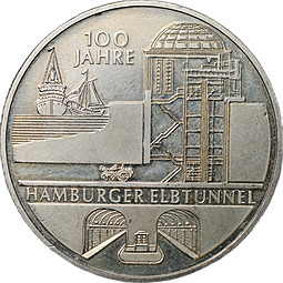 Монета 10 евро 2011 100 лет туннелю в Гамбурге под Эльбой Германия