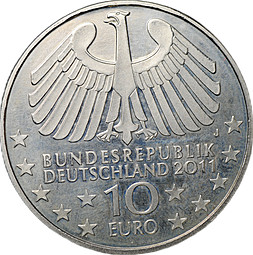 Монета 10 евро 2011 100 лет туннелю в Гамбурге под Эльбой Германия