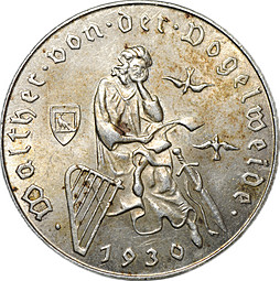 Монета 2 шиллинга 1930 700 лет со дня смерти Вальтера фон дер Фогельвейде Австрия