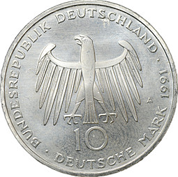 Монета 10 марок 1991 200 лет Бранденбургским Воротам Германия