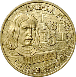 Монета 5 новых песо 1976 250 лет основанию Монтевидео Уругвай