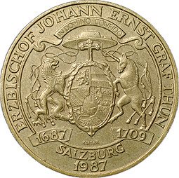 Монета 20 шиллингов 1987 Архиепископ граф Туна 300 лет Австрия