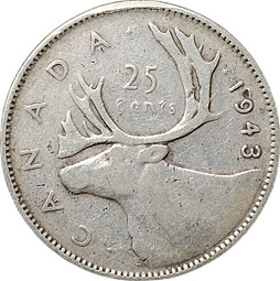 Монета 25 центов 1943 Канада