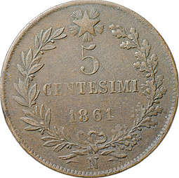 Монета 5 чентезимо 1861 N - Неаполь Италия