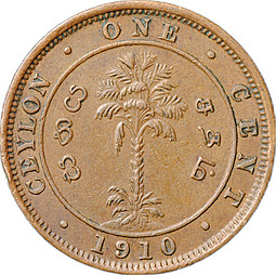 Монета 1 цент 1910 Цейлон