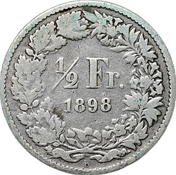 Монета 1/2 франка 1898 Швейцария