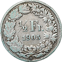 Монета 1/2 франка 1905 Швейцария