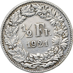 Монета 1/2 франка 1921 Швейцария
