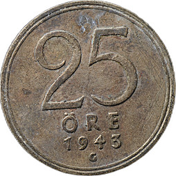 Монета 25 эре 1943 Швеция