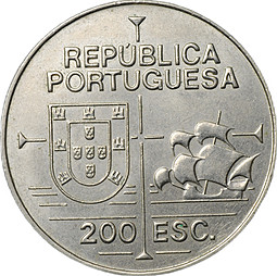 Монета 200 эскудо 1992 450 лет открытию Калифорнии Португалия