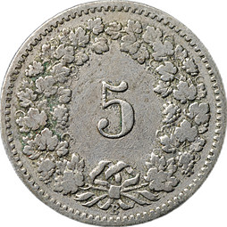 Монета 5 раппенов 1907 Швейцария