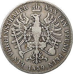 Монета 1 союзный талер 1859 Пруссия Германия