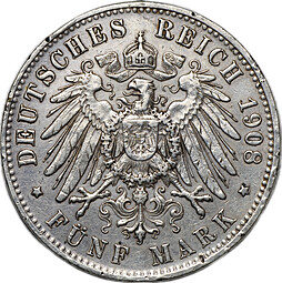 Монета 5 марок 1908 F Вюртемберг Германия