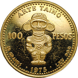 Монета 100 песо 1975 Первая добыча золота на руднике Пуэбло-Вьехо Доминикана