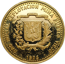 Монета 100 песо 1975 Первая добыча золота на руднике Пуэбло-Вьехо Доминикана