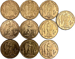 Инвестиционный лот золотые 20 франков 1876-1898 Ангел Франция 10 монет золото
