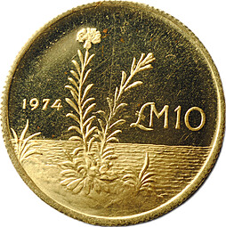 Монета 10 лир 1974 Мальтийский золототысячник Мальта