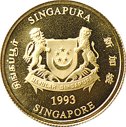 Монета 10 долларов 1993 Знаки Зодиака Год Петуха Сингапур