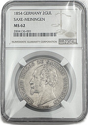 Монета 2 гульдена 1854 Саксен-Мейнинген слаб NGC MS 62