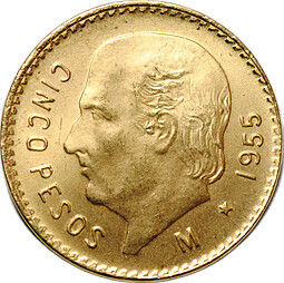 Монета 5 песо 1955 золото Мексика