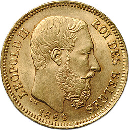 Монета 20 франков 1869 Бельгия