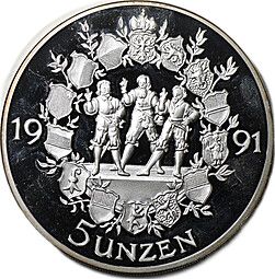 Монета (медаль) 5 унций серебра 1991 700 лет конфедерации Швейцария