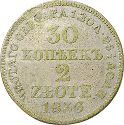 Монета 30 копеек - 2 злотых 1836 MW